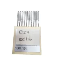 Aguja industrial MUVA B27 #100/16 de acero resistente para máquinas de coser, ideal para telas gruesas y costuras fuertes en confección profesional.